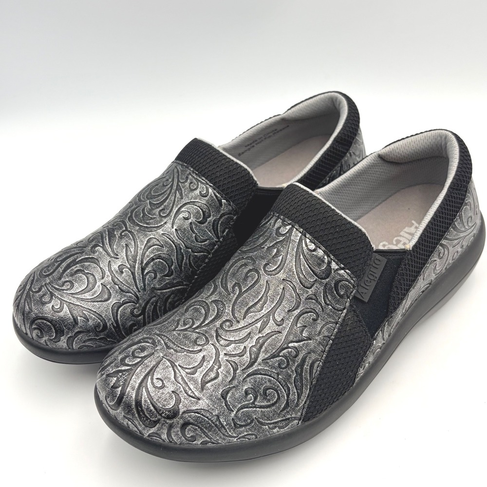 Alegria Duette Iron Silver Black‎ Embossed Scroll Slip On Shoes Womens Size 6